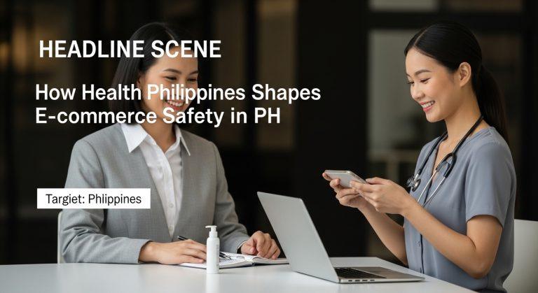 Philippine online shopper assessing health product information on mobile device in a marketplace setting.