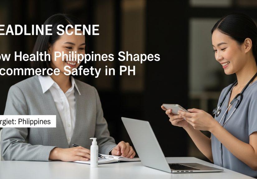 Philippine online shopper assessing health product information on mobile device in a marketplace setting.