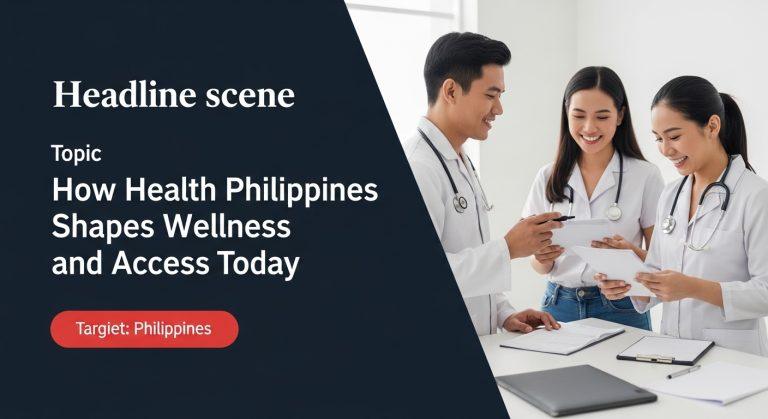 Editorial photo of a health policy discussion in the Philippines with doctors and policymakers and a health infographic.