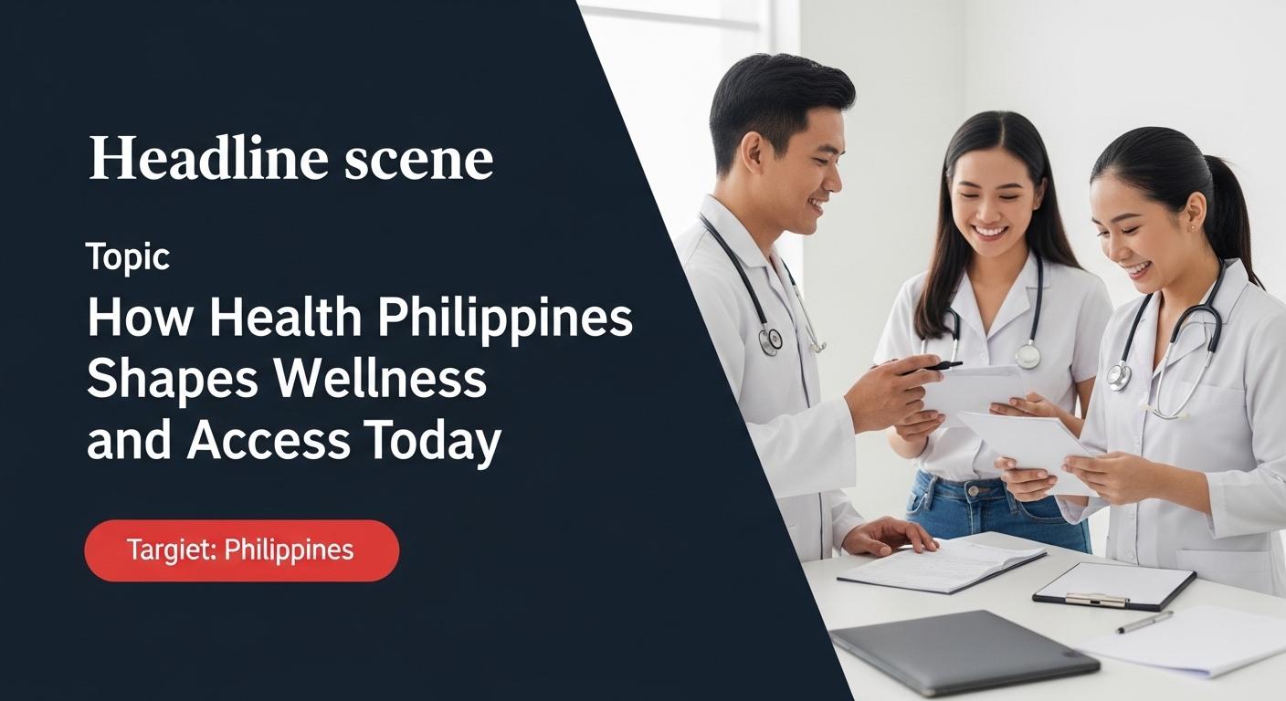 Editorial photo of a health policy discussion in the Philippines with doctors and policymakers and a health infographic.