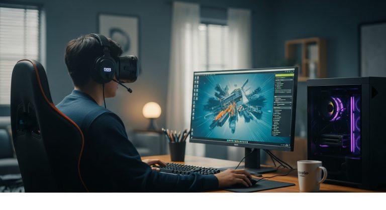 Gamer at desk with PC showing DLSS 5 visuals, emphasizing health-aware gaming.