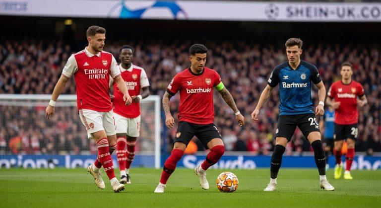 Illustration of Arsenal vs Leverkusen players in action with health-themed wellness overlays.